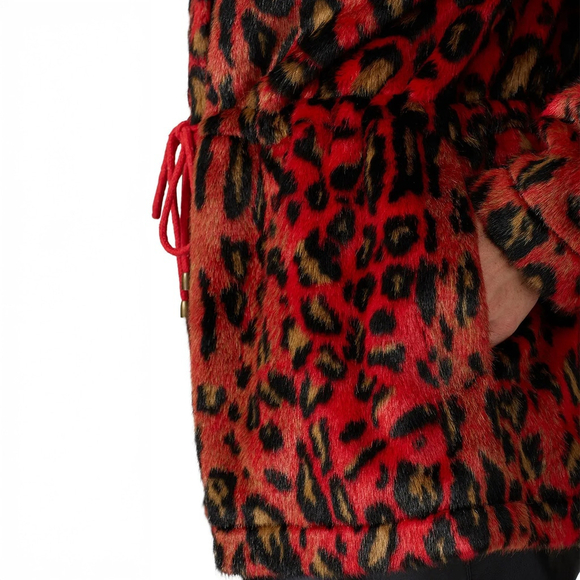 Nicole Miller Red Leopard Faux Fur Anorak Jacket Zip Drawstring Waist - Size P - Picture 9 of 9